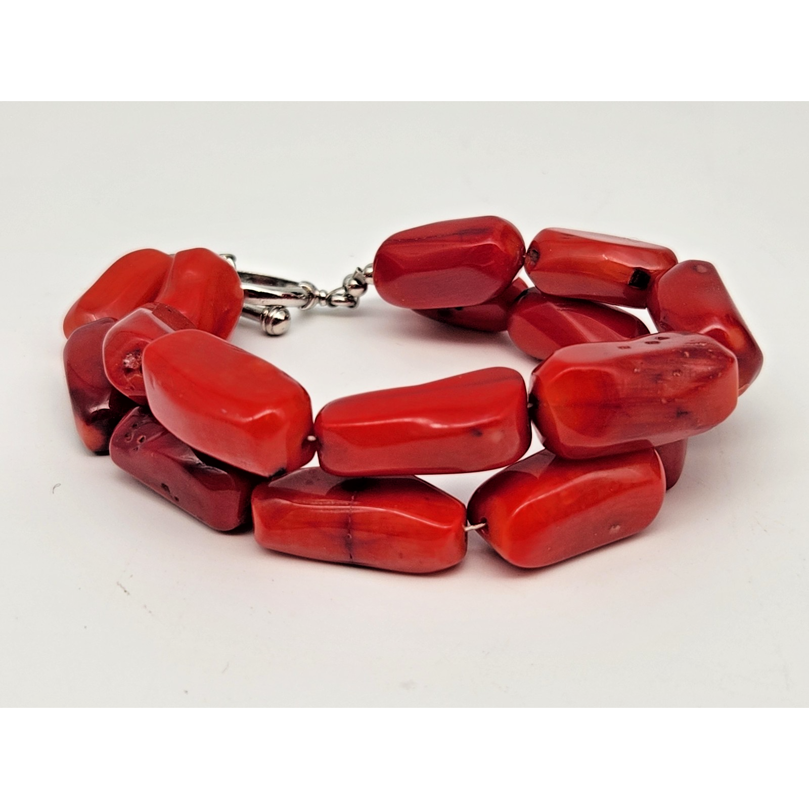 Ati 925 Sterling Red Coral Double Strand Chunky Bar Beaded Bracelet 110$
